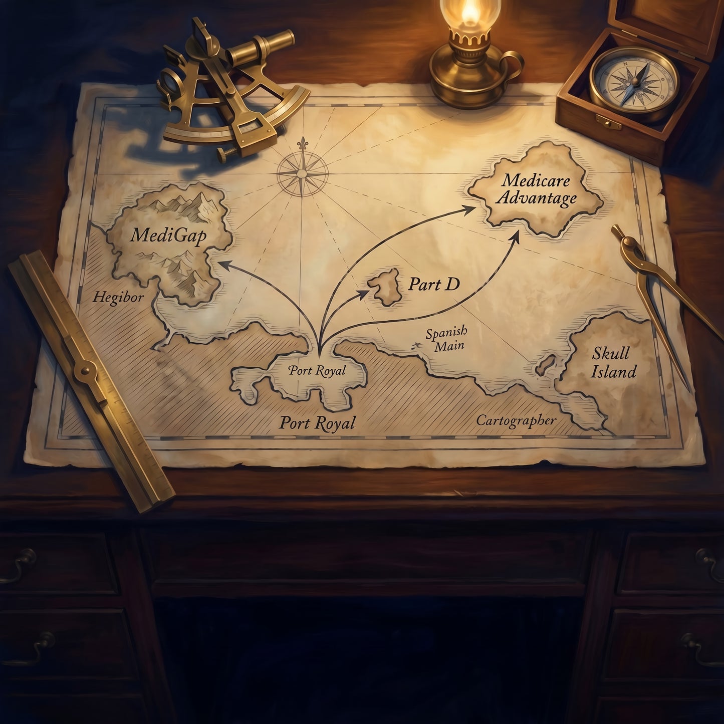 Painterly nautical chart with two diverging routes — Medicare Advantage and MediGap, with shared Part D