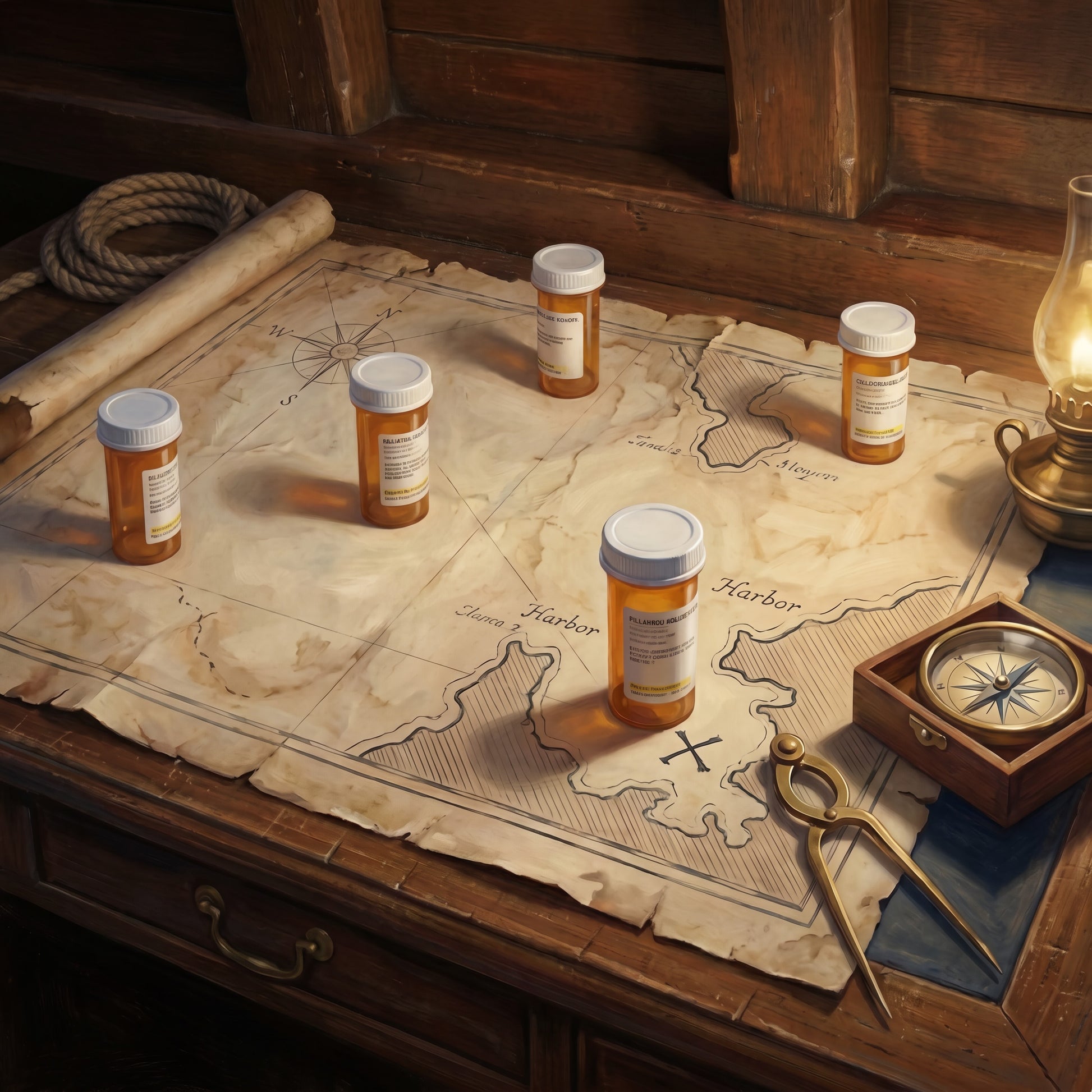 Painterly nautical chart with prescription bottles arranged as waypoints