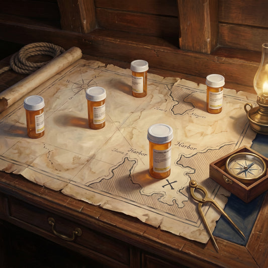 Painterly nautical chart with prescription bottles arranged as waypoints