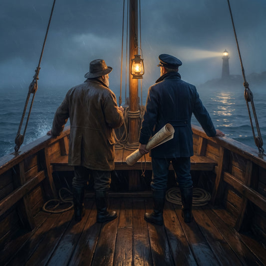 Painterly scene — captain and traveler at the prow of a sailing boat heading toward a distant lighthouse