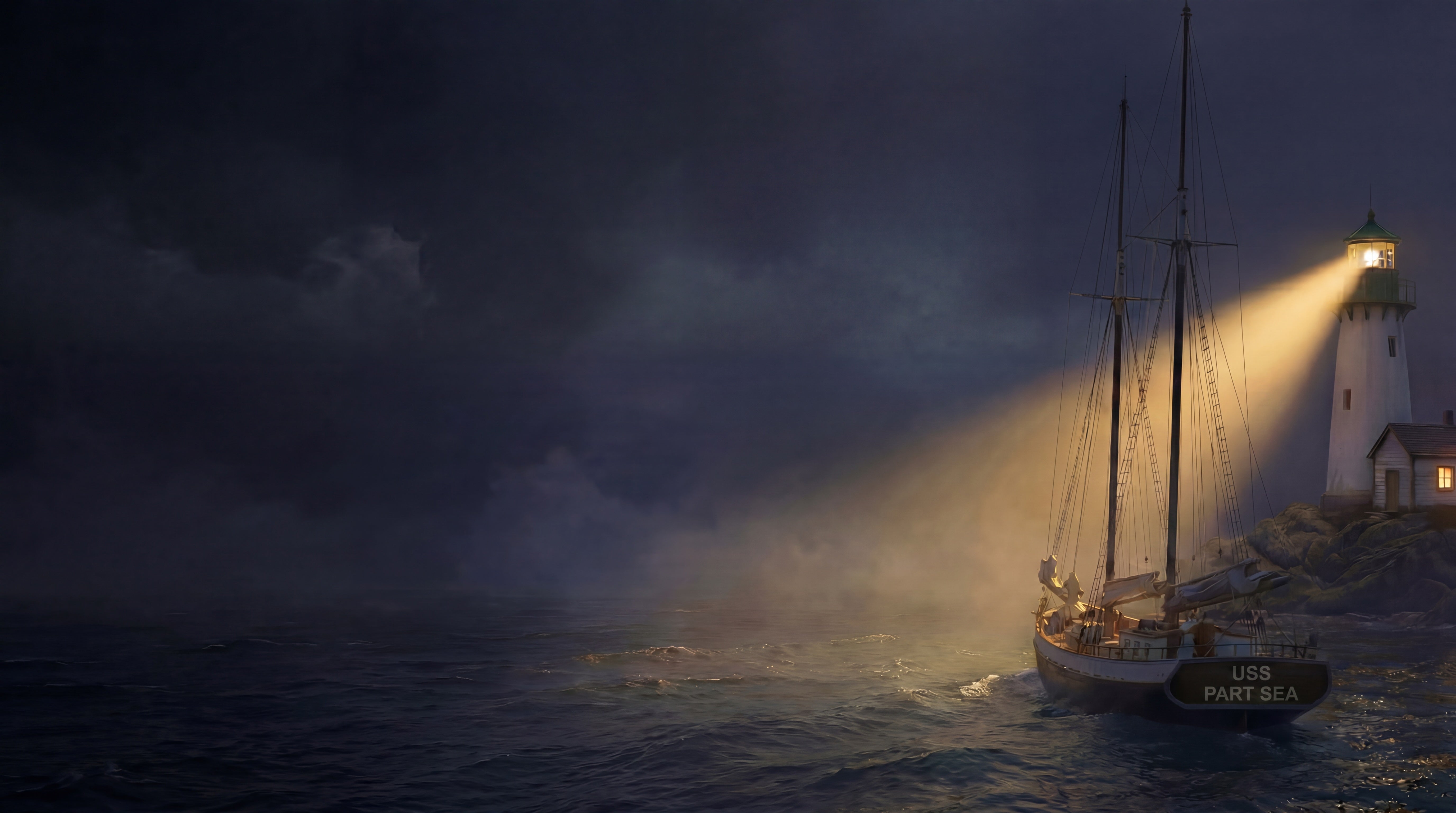 A coastal lighthouse beams light onto a two-masted sailing ship, USS Part Sea, on foggy night seas.